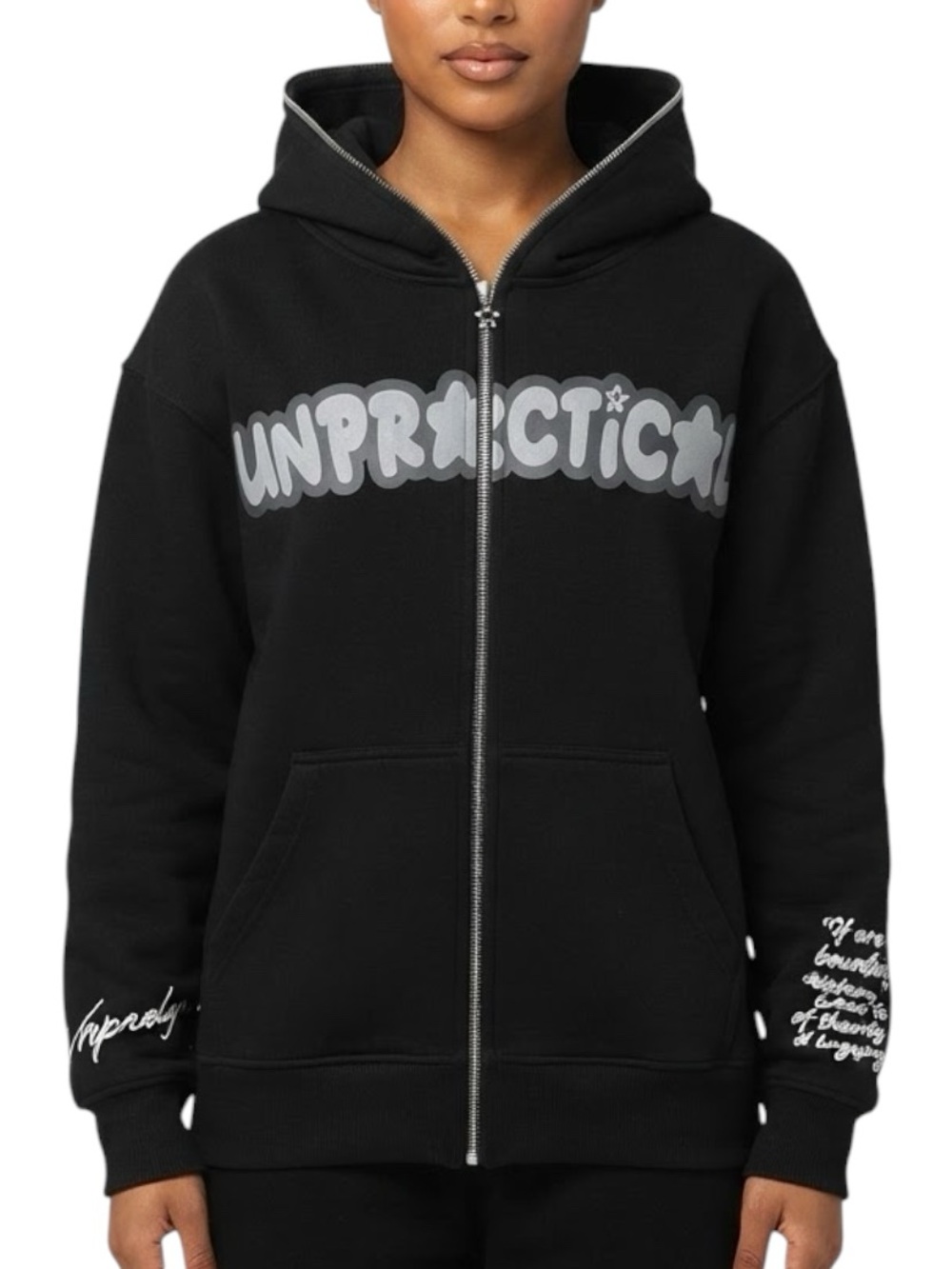 UNPRACTICAL Onyx Black Full Zip Face Hoodie Puff Print Star Pull Y2K XS